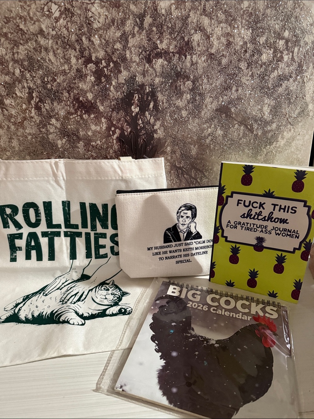 Inappropriate but funny bundle. Tote, calendar, bag, journal